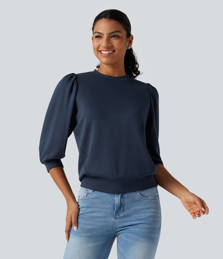 Round Neck Puff 3/4 Sleeve Casual Sweatshirt