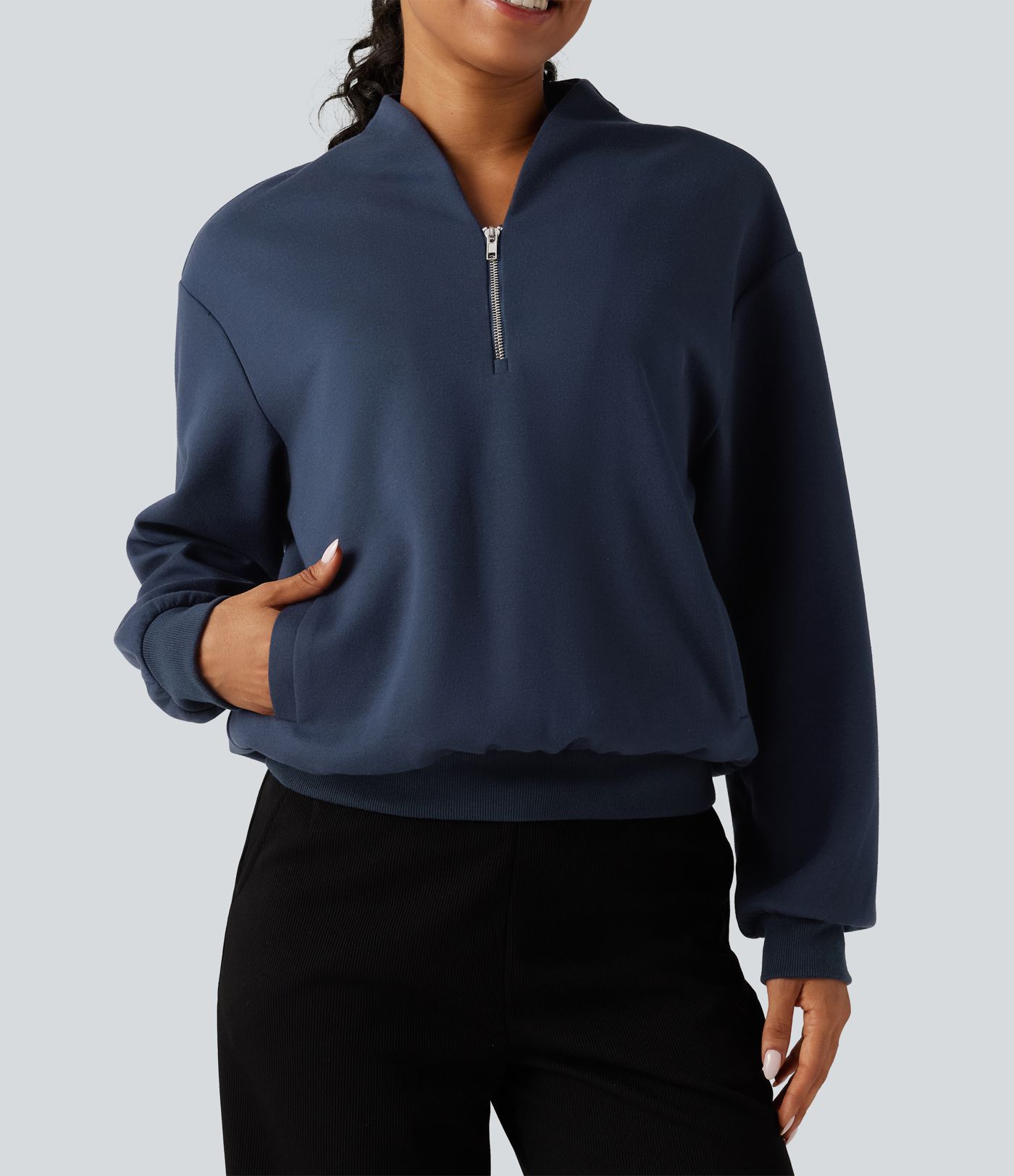 Stand Collar Open Front Long Sleeve Casual Cotton Sweatshirt with Pockets Stand Collar Open Front Long Sleeve Casual Cotton Sweatshirt with Pockets