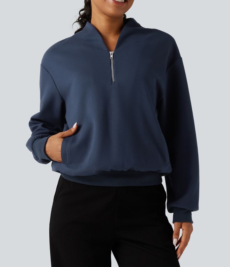 Stand Collar Open Front Long Sleeve Casual Cotton Sweatshirt with Pockets Stand Collar Open Front Long Sleeve Casual Cotton Sweatshirt with Pockets
