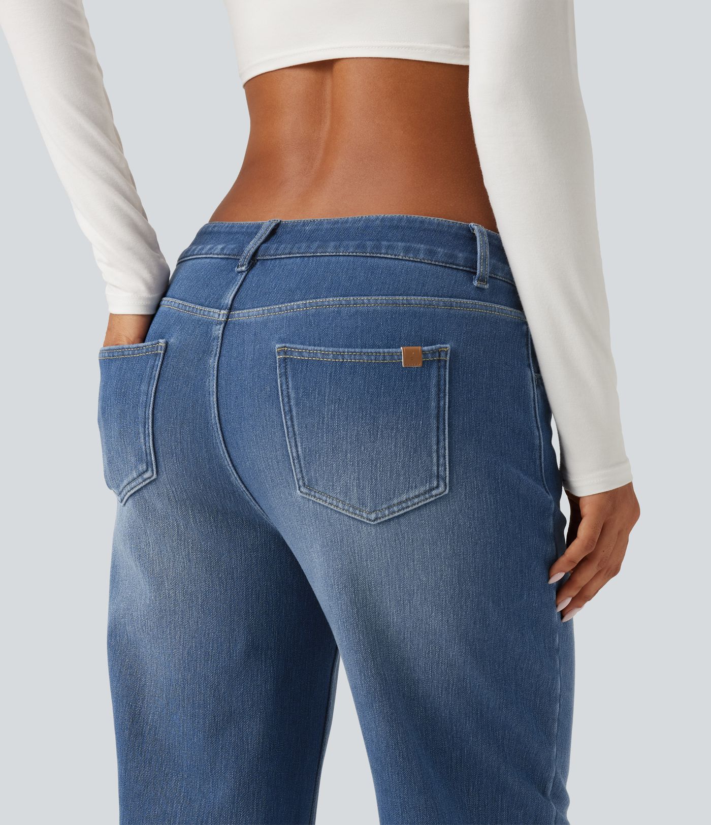 Mid Rise Asymmetric Straight Leg Fleece Casual Jeans with Pockets Mid Rise Asymmetric Straight Leg Fleece Casual Jeans with Pockets