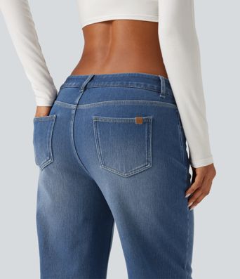Mid Rise Asymmetric Straight Leg Fleece Casual Jeans with Pockets Mid Rise Asymmetric Straight Leg Fleece Casual Jeans with Pockets
