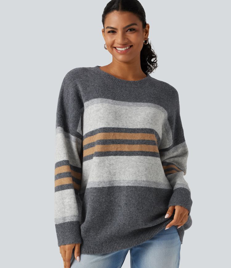 Pull oversize rayé à col rond manches longues