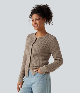 Round Neck Long Sleeve Work Cardigan