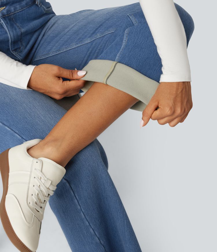 Mid Rise Asymmetric Straight Leg Fleece Casual Jeans with Pockets Mid Rise Asymmetric Straight Leg Fleece Casual Jeans with Pockets