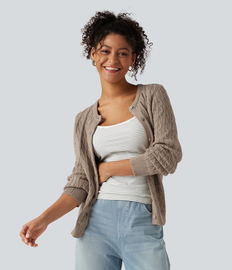 Round Neck Long Sleeve Work Cardigan