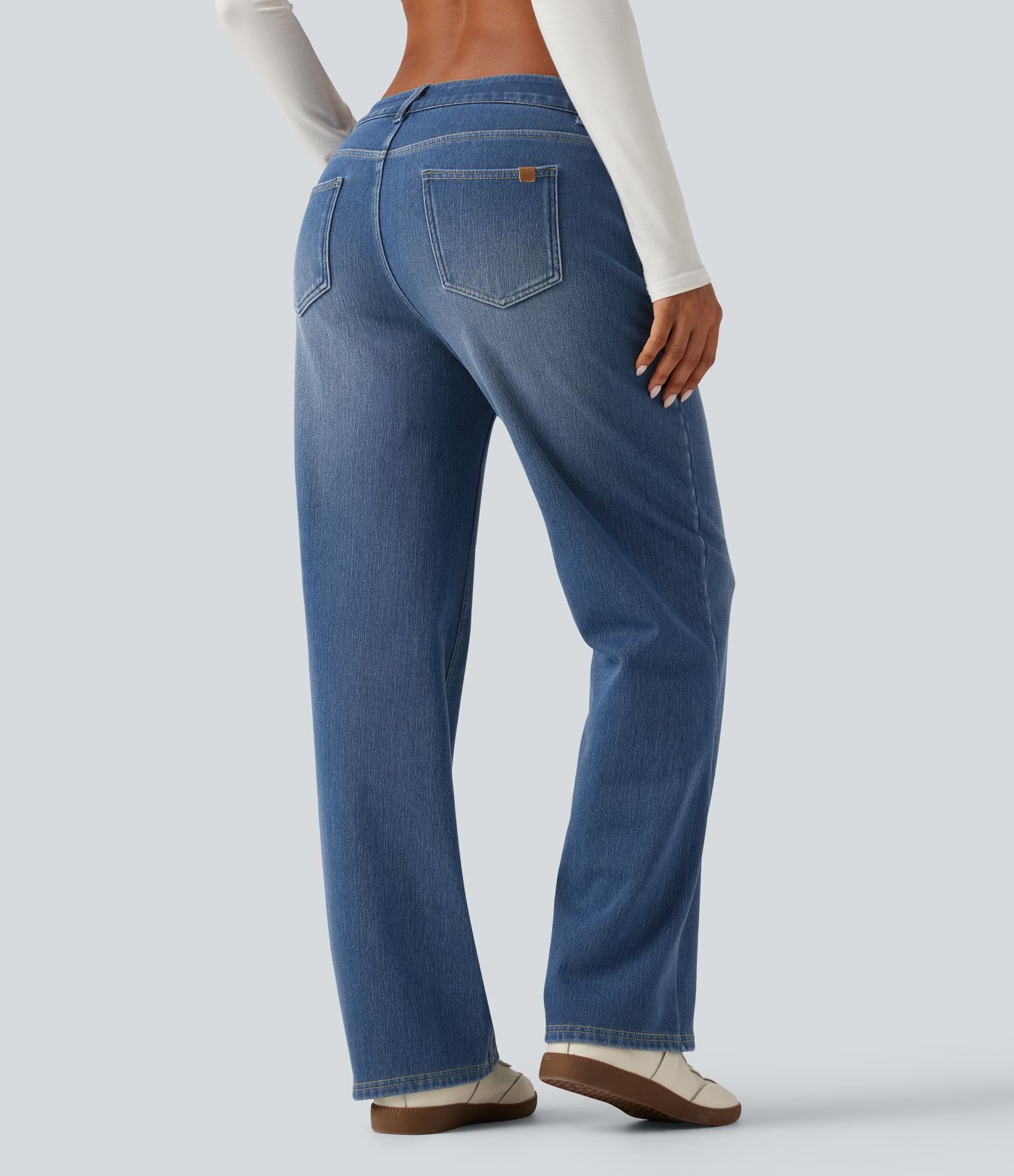 Mid Rise Asymmetric Straight Leg Fleece Casual Jeans with Pockets Mid Rise Asymmetric Straight Leg Fleece Casual Jeans with Pockets