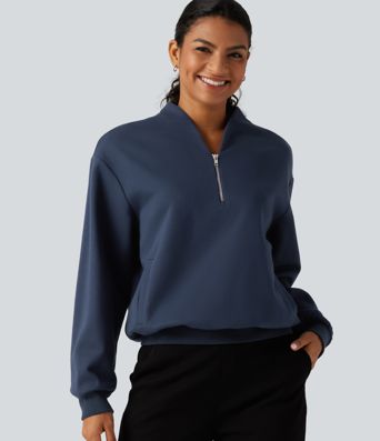 Stand Collar Open Front Long Sleeve Casual Cotton Sweatshirt with Pockets Stand Collar Open Front Long Sleeve Casual Cotton Sweatshirt with Pockets
