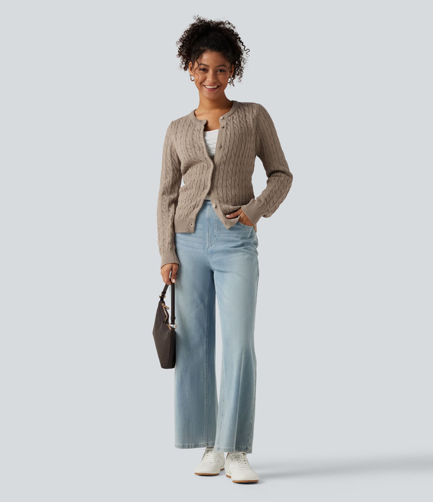 Round Neck Long Sleeve Work Cardigan