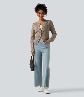 Round Neck Long Sleeve Work Cardigan