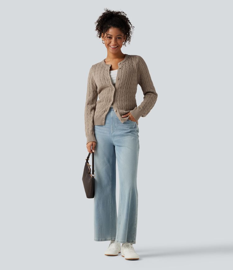 Round Neck Long Sleeve Work Cardigan