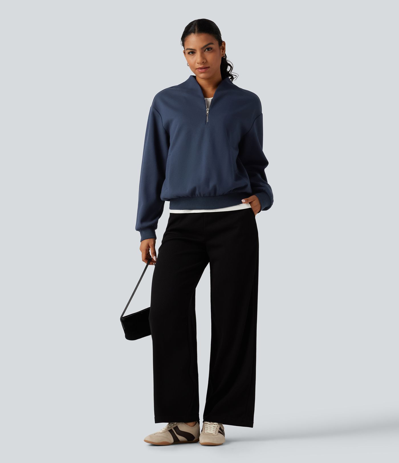 Stand Collar Open Front Long Sleeve Casual Cotton Sweatshirt with Pockets Stand Collar Open Front Long Sleeve Casual Cotton Sweatshirt with Pockets