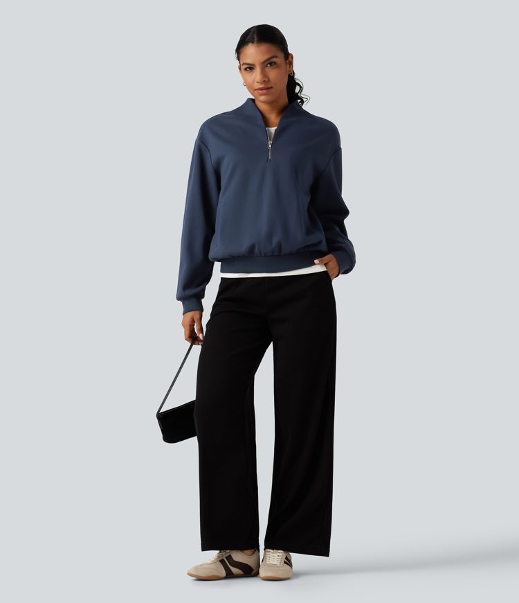 Stand Collar Open Front Long Sleeve Casual Cotton Sweatshirt with Pockets Stand Collar Open Front Long Sleeve Casual Cotton Sweatshirt with Pockets