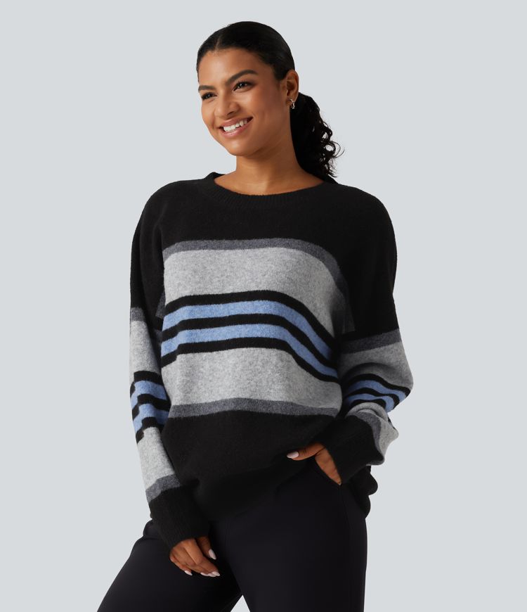 Round Neck Long Sleeve Striped Casual Sweater