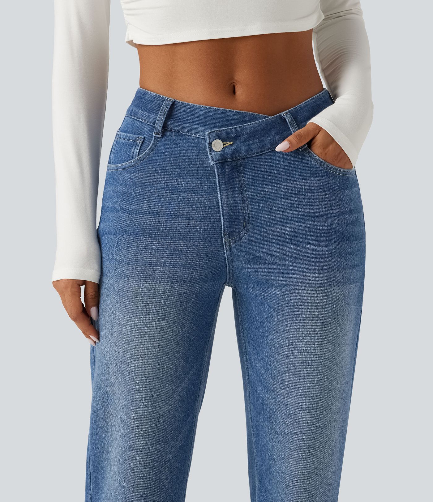 Mid Rise Asymmetric Straight Leg Fleece Casual Jeans with Pockets Mid Rise Asymmetric Straight Leg Fleece Casual Jeans with Pockets