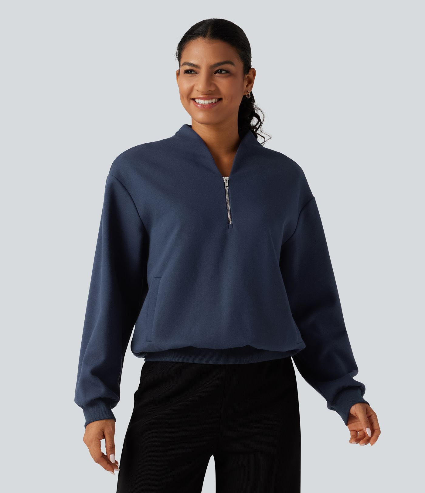Stand Collar Open Front Long Sleeve Casual Cotton Sweatshirt with Pockets Stand Collar Open Front Long Sleeve Casual Cotton Sweatshirt with Pockets
