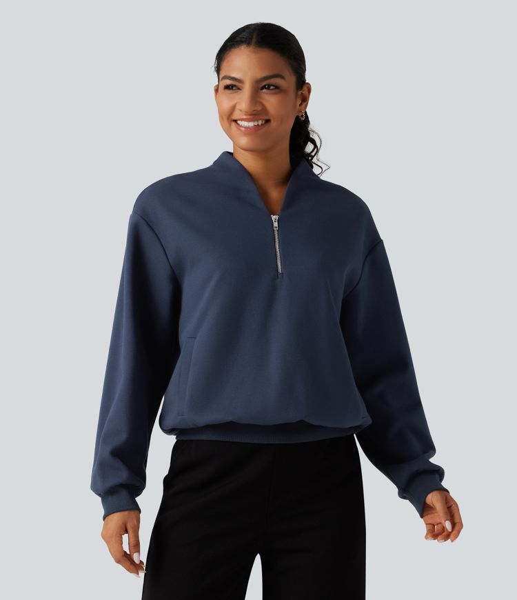 Stand Collar Open Front Long Sleeve Casual Cotton Sweatshirt with Pockets Stand Collar Open Front Long Sleeve Casual Cotton Sweatshirt with Pockets