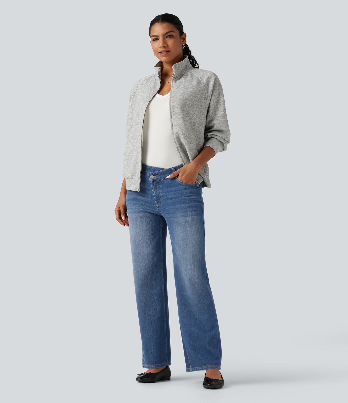 Mid Rise Asymmetric Straight Leg Fleece Casual Jeans with Pockets Mid Rise Asymmetric Straight Leg Fleece Casual Jeans with Pockets