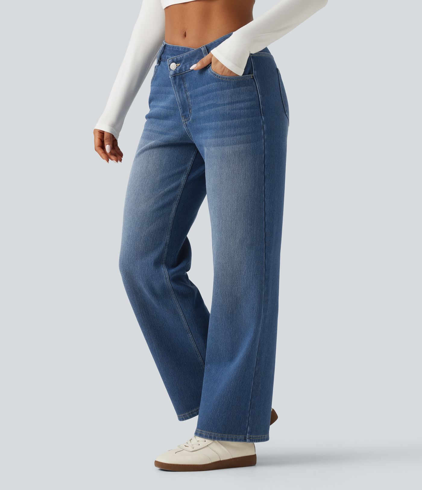 Mid Rise Asymmetric Straight Leg Fleece Casual Jeans with Pockets Mid Rise Asymmetric Straight Leg Fleece Casual Jeans with Pockets