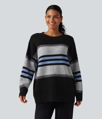Round Neck Long Sleeve Striped Casual Sweater