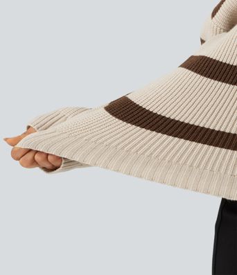 Round Neck Cold Shoulder Long Sleeve Stripe Work Sweater