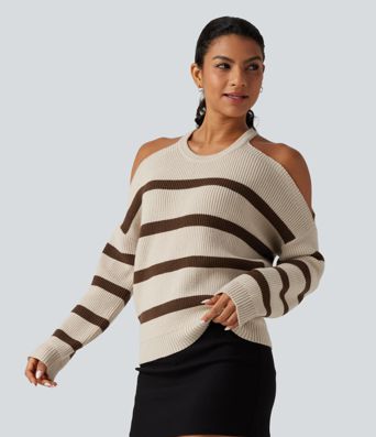 Round Neck Cold Shoulder Long Sleeve Stripe Work Sweater