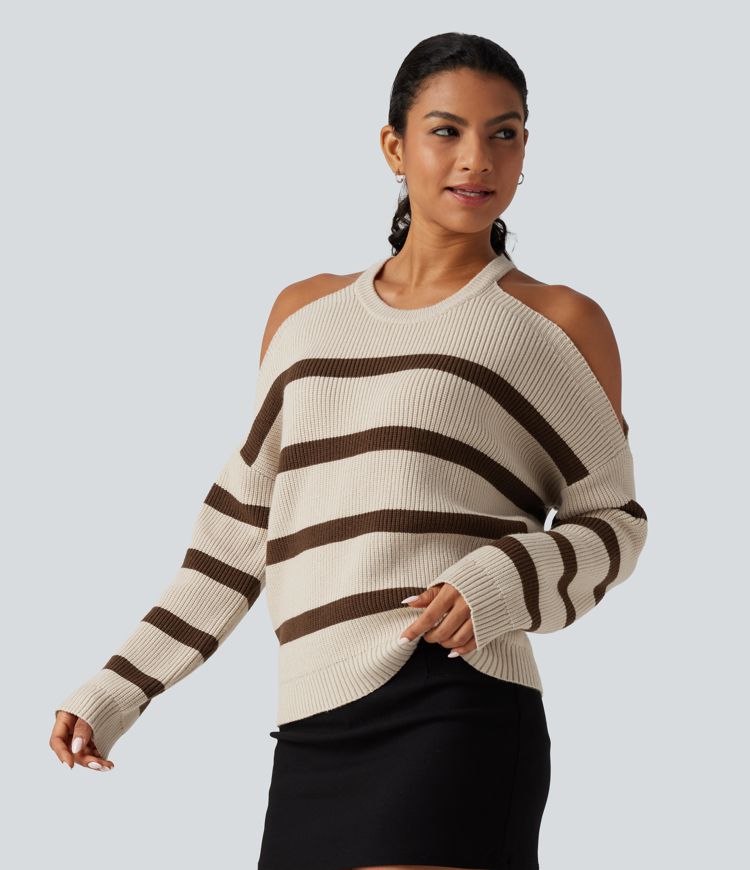 Round Neck Cold Shoulder Long Sleeve Stripe Work Sweater