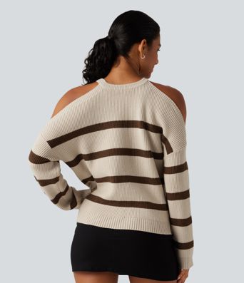 Round Neck Cold Shoulder Long Sleeve Stripe Work Sweater