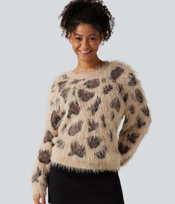 Lässiger Pullover mit Rundhalsausschnitt, langen Ärmeln und Leopardenmuster