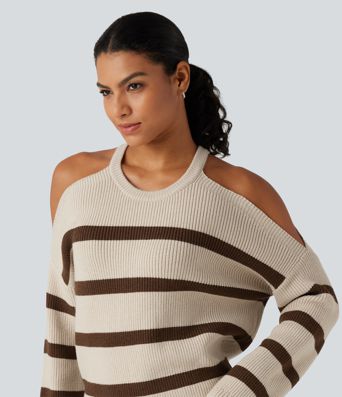 Round Neck Cold Shoulder Long Sleeve Stripe Work Sweater