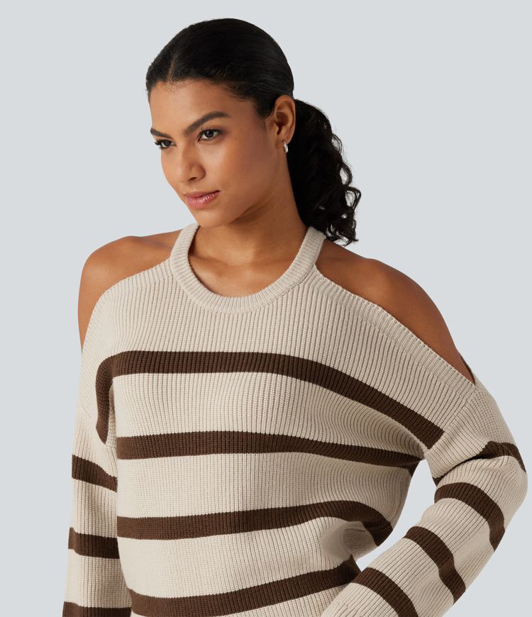 Round Neck Cold Shoulder Long Sleeve Stripe Work Sweater