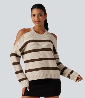 Round Neck Cold Shoulder Long Sleeve Stripe Work Sweater