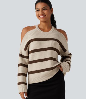 Round Neck Cold Shoulder Long Sleeve Stripe Work Sweater