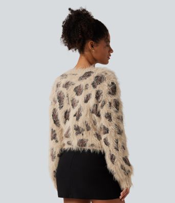 Lässiger Pullover mit Rundhalsausschnitt, langen Ärmeln und Leopardenmuster