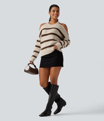 Round Neck Cold Shoulder Long Sleeve Stripe Work Sweater