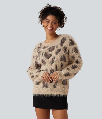 Lässiger Pullover mit Rundhalsausschnitt, langen Ärmeln und Leopardenmuster