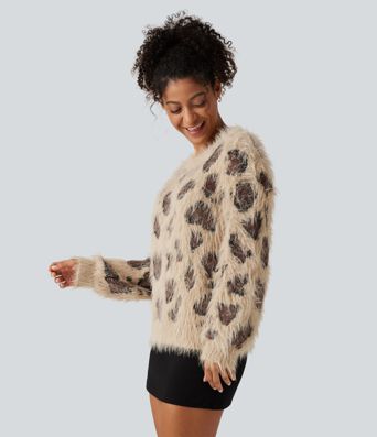 Lässiger Pullover mit Rundhalsausschnitt, langen Ärmeln und Leopardenmuster