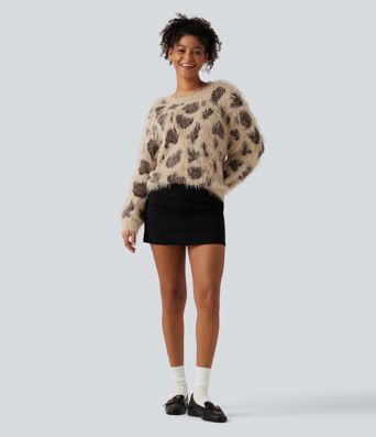 Lässiger Pullover mit Rundhalsausschnitt, langen Ärmeln und Leopardenmuster