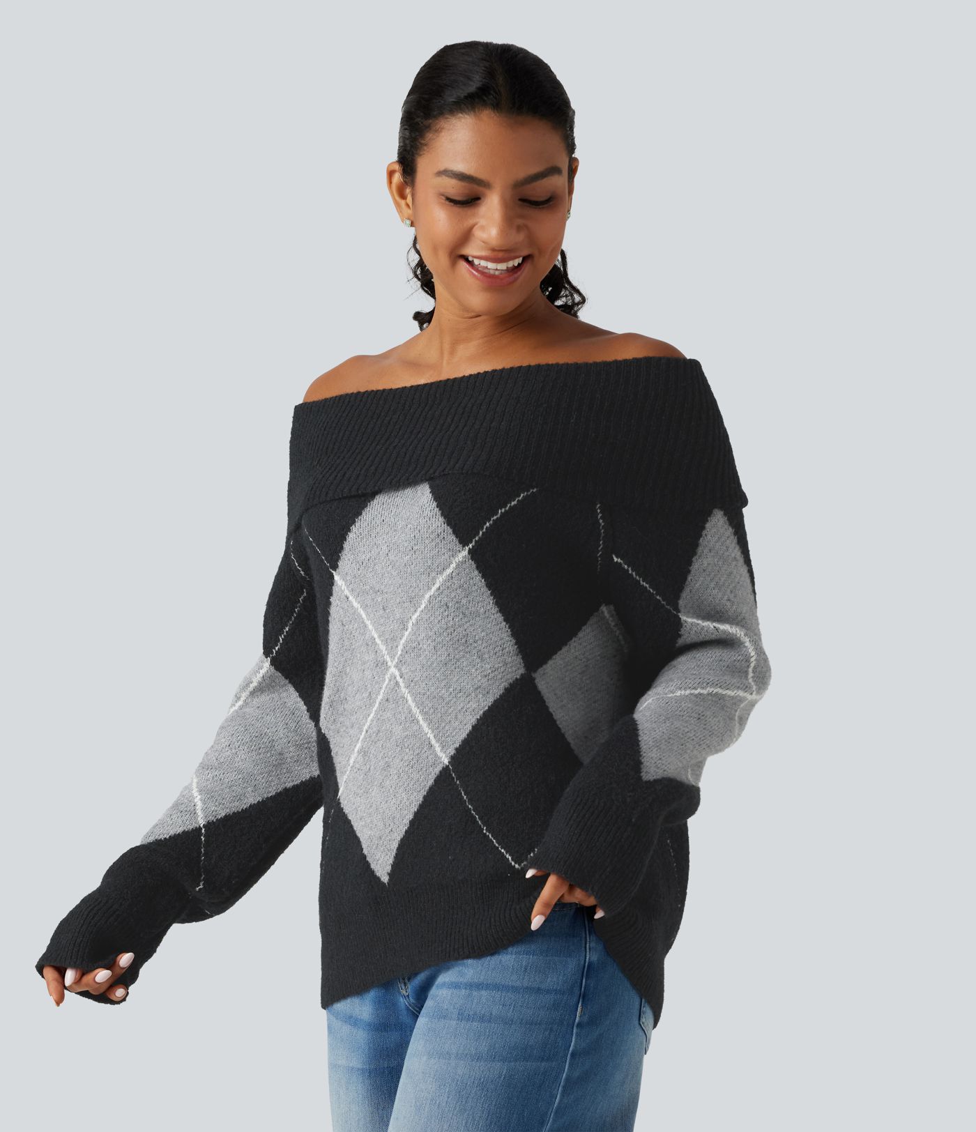 Off Shoulder Long Sleeve Gingham Casual Sweater