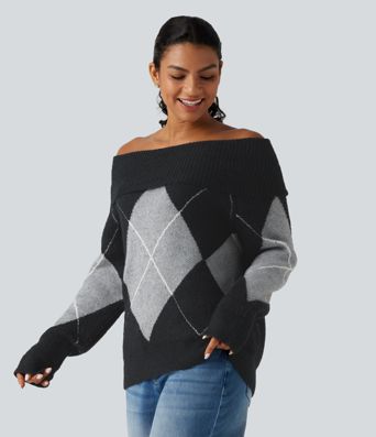 Off Shoulder Long Sleeve Gingham Casual Sweater