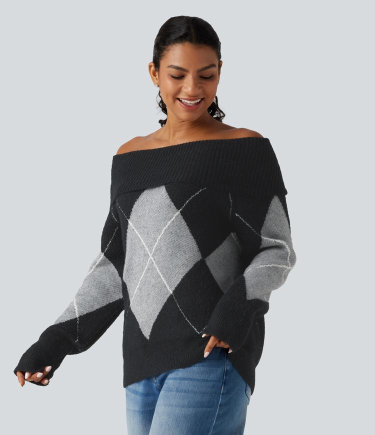 Off Shoulder Long Sleeve Gingham Casual Sweater
