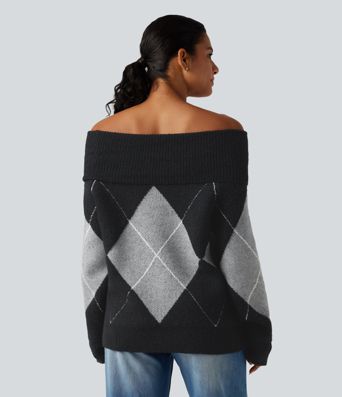 Off Shoulder Long Sleeve Gingham Casual Sweater