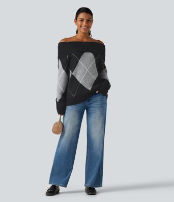 Off Shoulder Long Sleeve Gingham Casual Sweater
