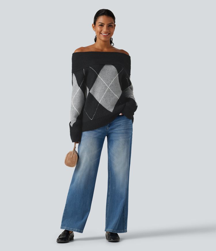 Off Shoulder Long Sleeve Gingham Casual Sweater