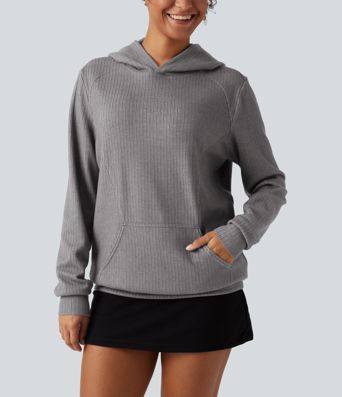 Ribbed Hooded Long Sleeve Casual Sweatshirt with Pocket Ribbed Hooded Long Sleeve Casual Sweatshirt with Pocket