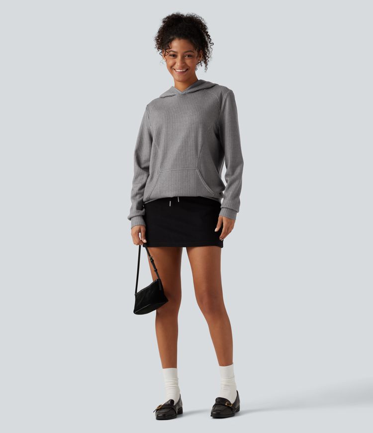 Ribbed Hooded Long Sleeve Casual Sweatshirt with Pocket Ribbed Hooded Long Sleeve Casual Sweatshirt with Pocket