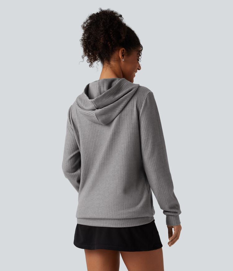 Ribbed Hooded Long Sleeve Casual Sweatshirt with Pocket Ribbed Hooded Long Sleeve Casual Sweatshirt with Pocket
