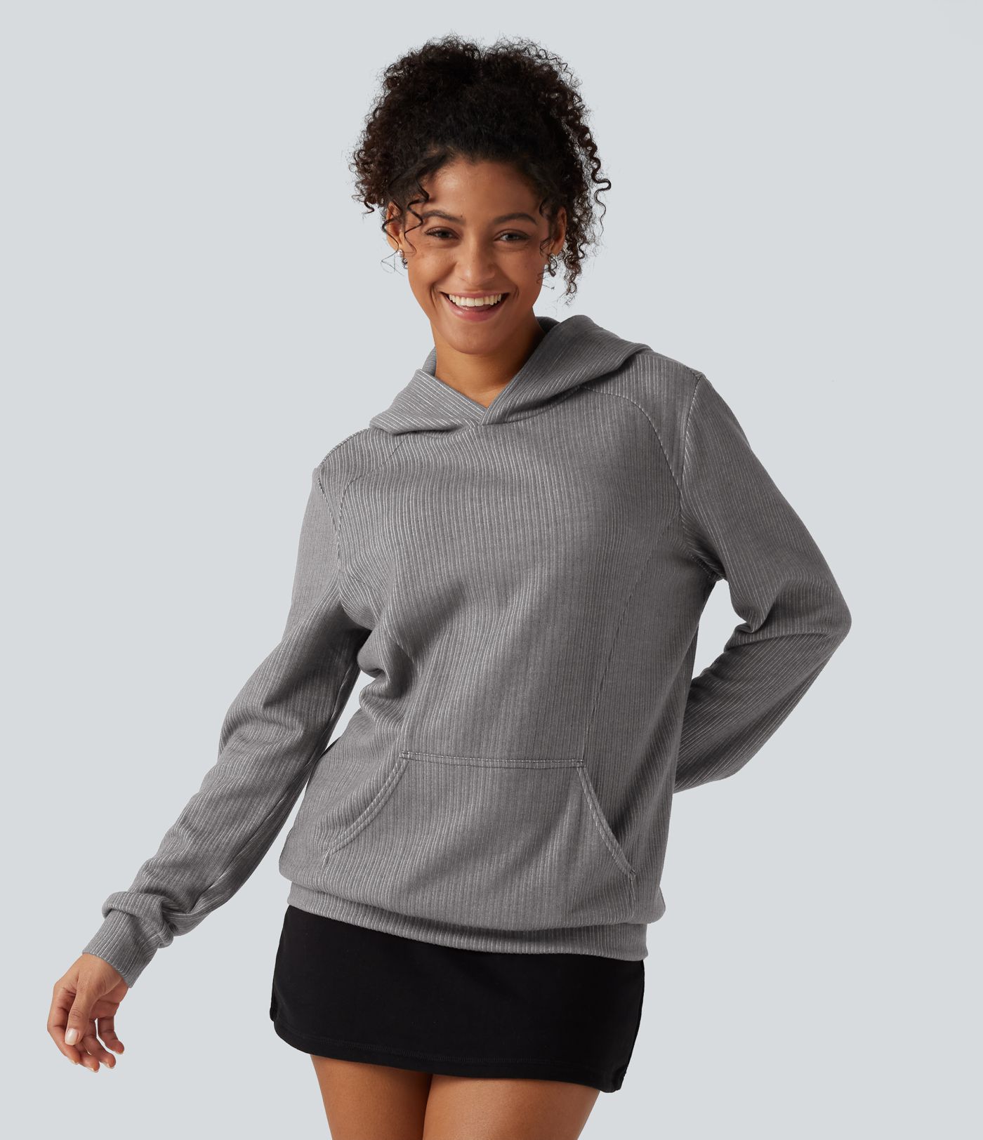 Ribbed Hooded Long Sleeve Casual Sweatshirt with Pocket Ribbed Hooded Long Sleeve Casual Sweatshirt with Pocket