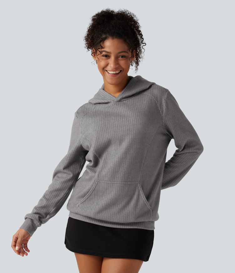 Ribbed Hooded Long Sleeve Casual Sweatshirt with Pocket Ribbed Hooded Long Sleeve Casual Sweatshirt with Pocket