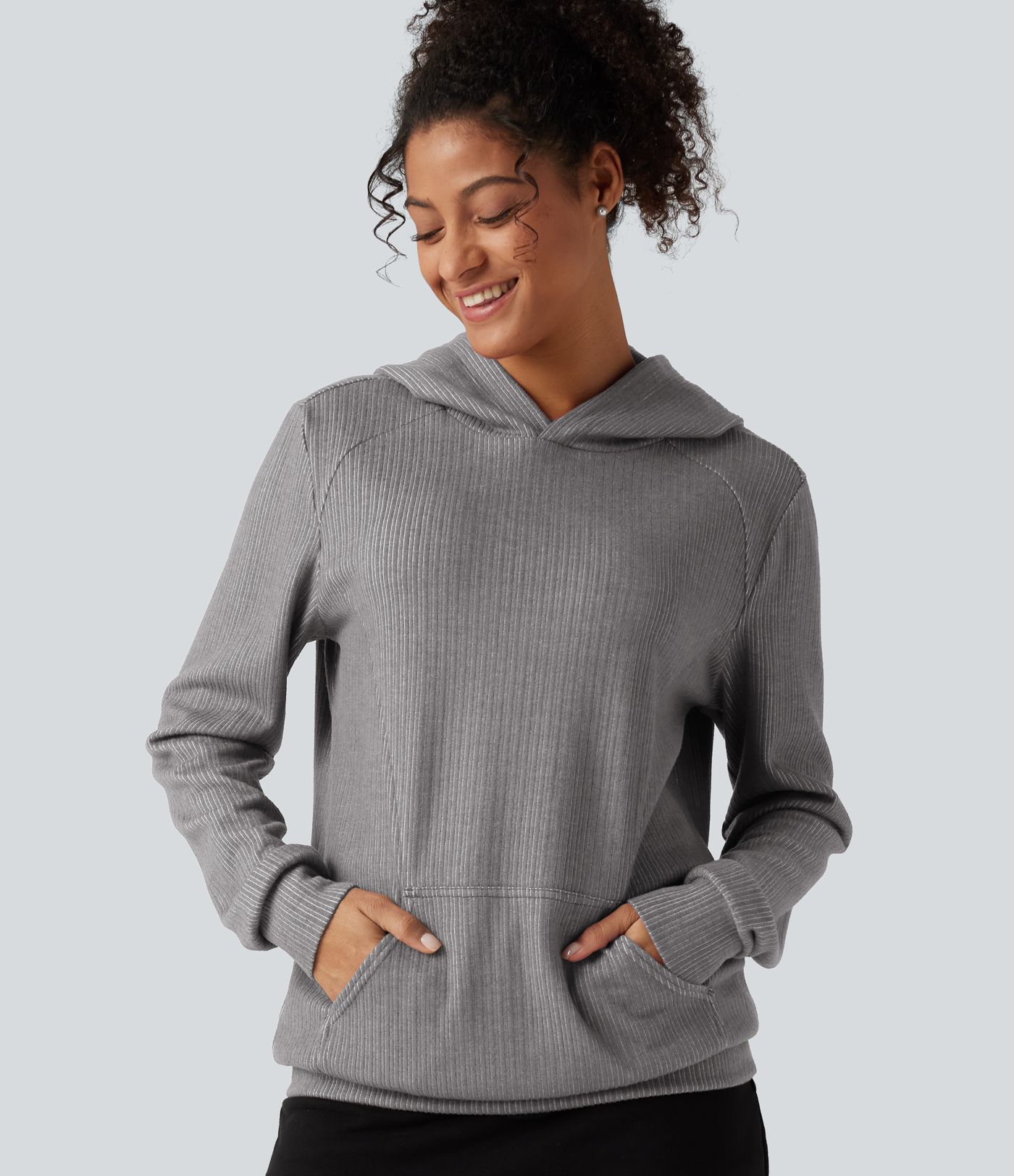 Ribbed Hooded Long Sleeve Casual Sweatshirt with Pocket Ribbed Hooded Long Sleeve Casual Sweatshirt with Pocket