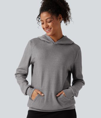 Ribbed Hooded Long Sleeve Casual Sweatshirt with Pocket Ribbed Hooded Long Sleeve Casual Sweatshirt with Pocket